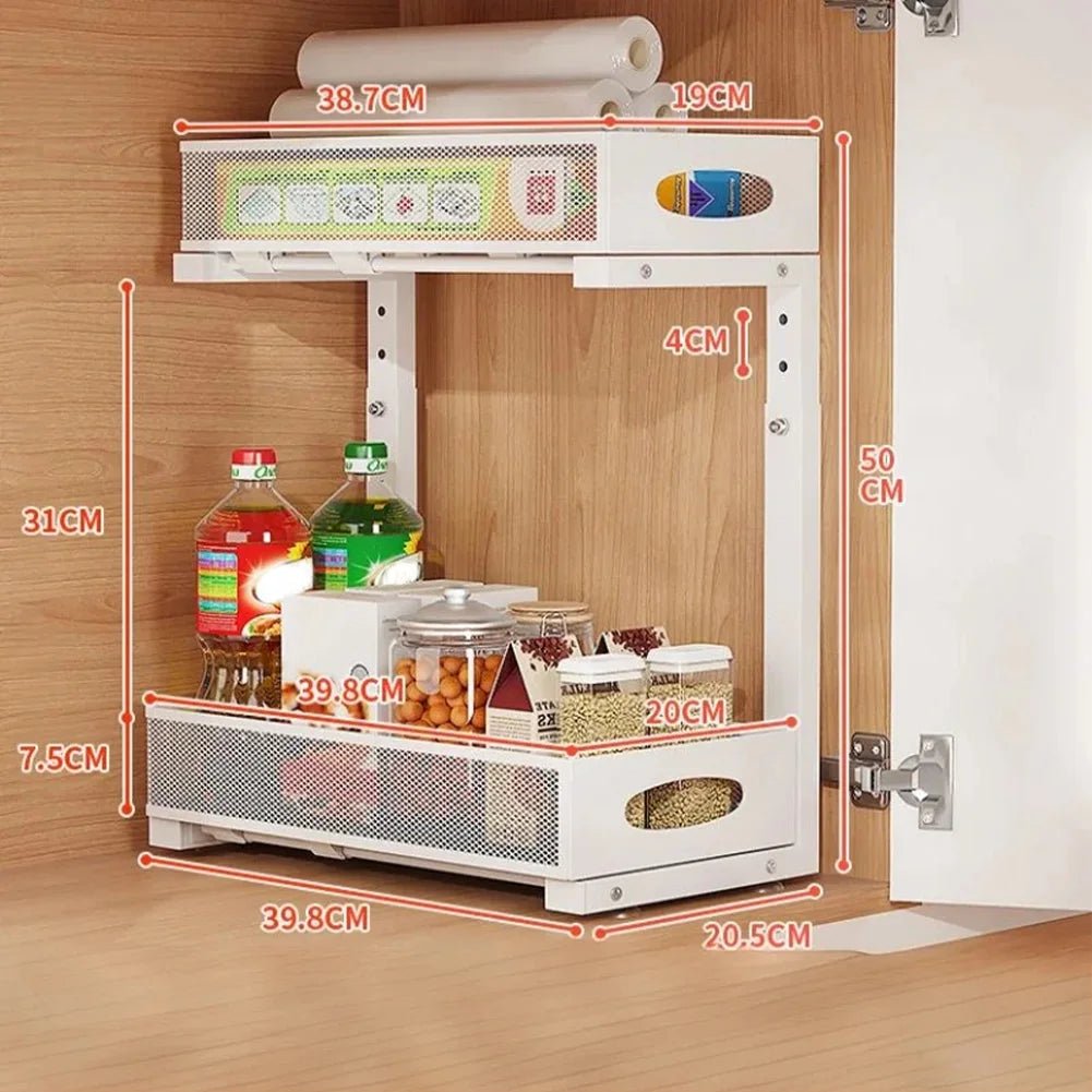 2 Tier Adjustable Height Under Sink Organizer with Sliding Drawer Pull Out Under Cabinet Kitchen Bathroom Organizer and Storage - OZKA HOME