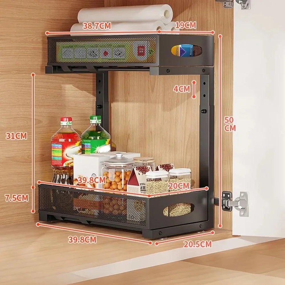 2 Tier Adjustable Height Under Sink Organizer with Sliding Drawer Pull Out Under Cabinet Kitchen Bathroom Organizer and Storage - OZKA HOME
