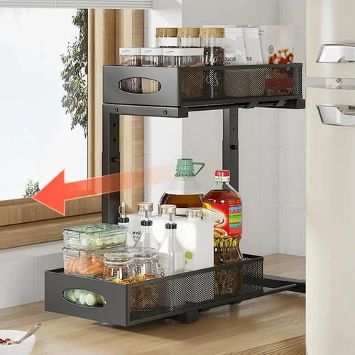 2 Tier Adjustable Height Under Sink Organizer with Sliding Drawer Pull Out Under Cabinet Kitchen Bathroom Organizer and Storage - OZKA HOME
