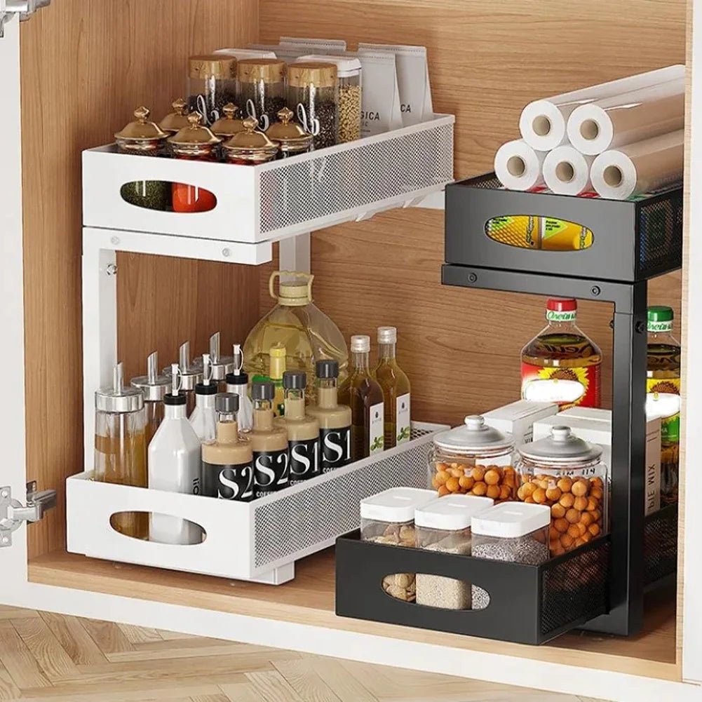 2 Tier Adjustable Height Under Sink Organizer with Sliding Drawer Pull Out Under Cabinet Kitchen Bathroom Organizer and Storage - OZKA HOME