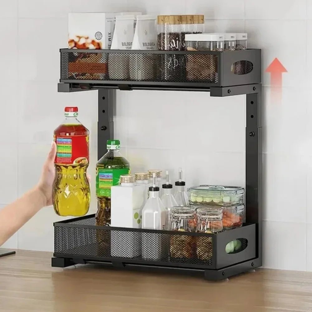 2 Tier Adjustable Height Under Sink Organizer with Sliding Drawer Pull Out Under Cabinet Kitchen Bathroom Organizer and Storage - OZKA HOME