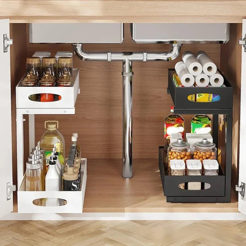 2 Tier Adjustable Height Under Sink Organizer with Sliding Drawer Pull Out Under Cabinet Kitchen Bathroom Organizer and Storage - OZKA HOME